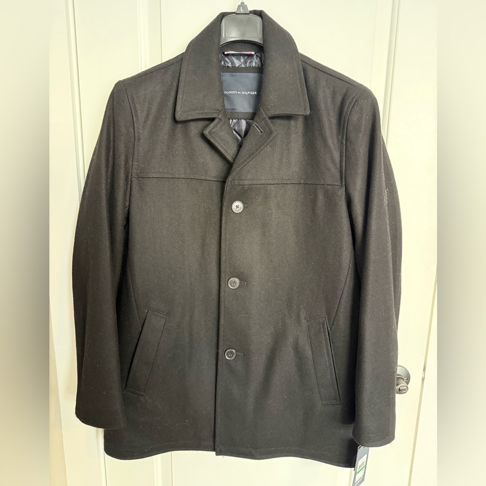 TOMMY Hilfiger Melton peacoat quilt lined wool blend mens Large black coat. NWT